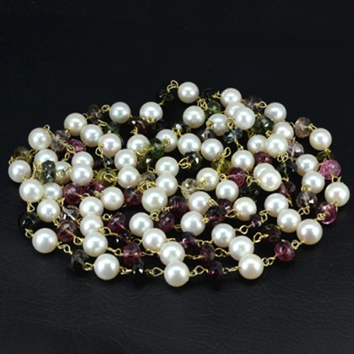 Natural Tourmaline Pearl Plain Rondelle Beads with 92.5 Silver gold Plated 47"