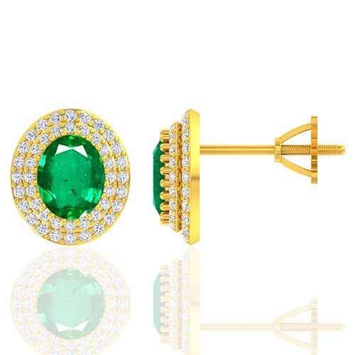 18K Yellow Gold 2.37 cts Emerald Gemstone Diamond Designer Fine Jewelry Ladies Earrings
