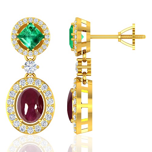 18K Yellow Gold 4.07 cts Ruby 1.05 cts Emerald Gemstone Diamond Designer Fine Jewelry Earrings