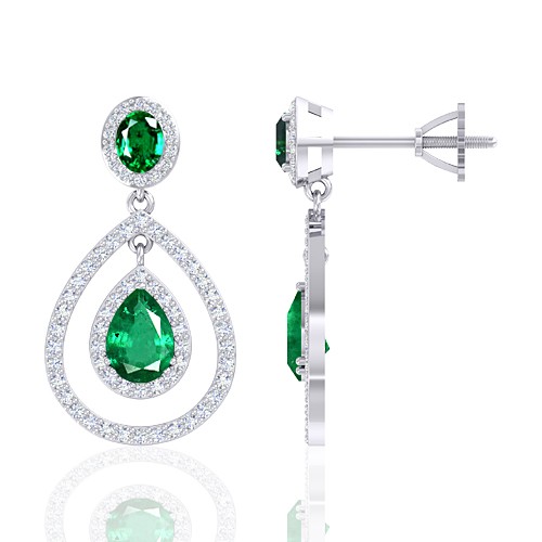14K White Gold 1.95 cts Emerald Gemstone Diamond Designer Fine Jewelry Women Earrings