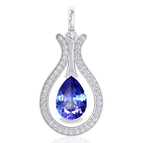 14K White Gold 1.67 cts Tanzanite Gemstone Diamond Designer Fine Jewelry Pendant