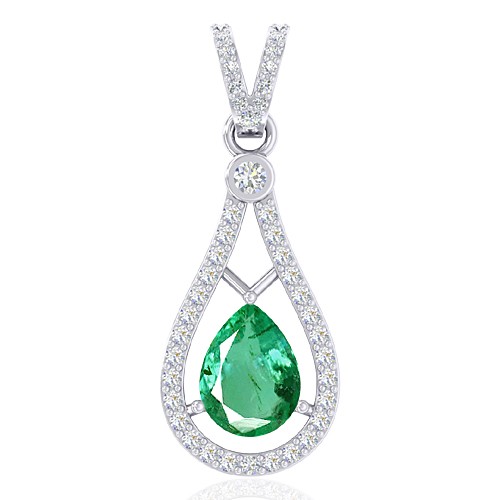 14K White Gold 0.94 cts Untreated Emerald Stone Diamond Designer Fine Jewelry Pendant