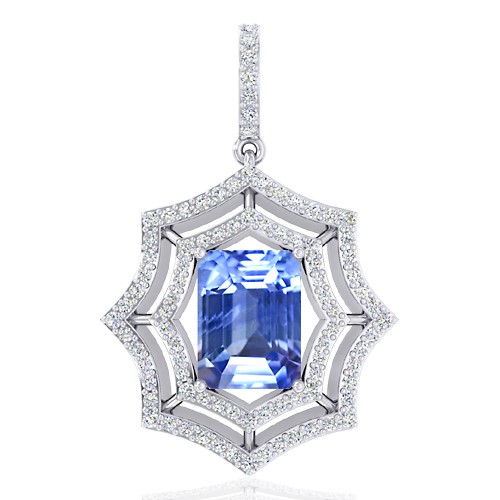 14K White Gold 4.12 cts Blue Sapphire Gemstone Diamond Designer Fine Jewelry Pendant