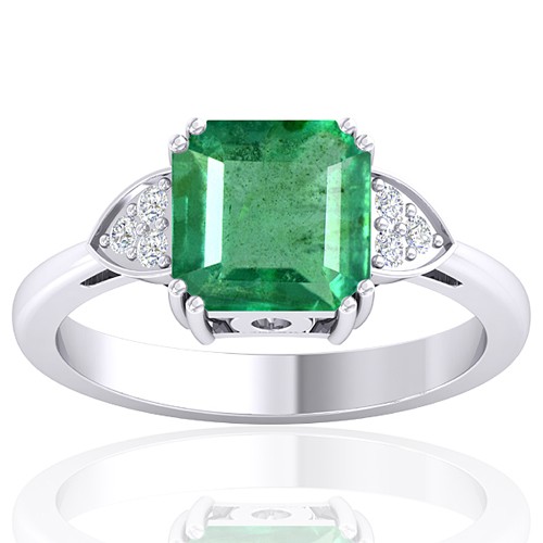 14K White Gold 2.29 cts Emerald Stone Diamond Designer Engagement Women Fine Jewelry Ring