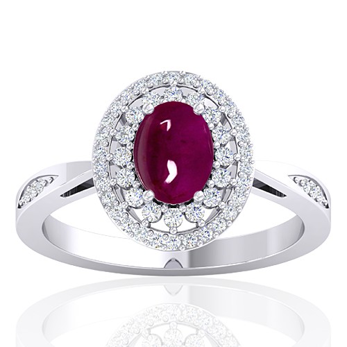14K White Gold 1.52 cts Oval Cab Ruby Stone Diamond Engagement Women Ring