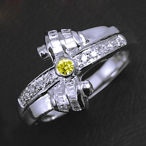 14k Pure White Gold top Natural 0.11 cts Yellow 0.33 cts White Diamond Vintage Ring