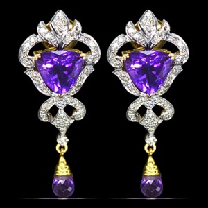 18k Pure Yellow Gold Natural Top Amethyst Diamond Ladies Fine Designer Earrings