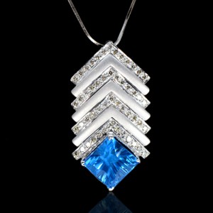 18K Pure Gold Natural IF Swiss Blue Topaz Diamond Ladies Pendant With Chain