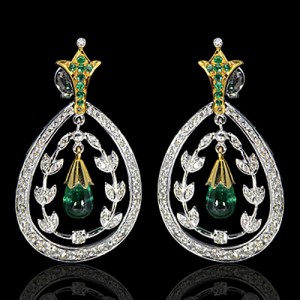 14K Pure Gold Natural Top Green Emerald Diamond Ladies Earrings