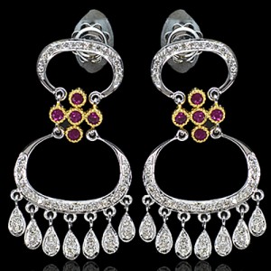 18k Pure White Gold Natural Top Red Ruby Diamond Hand Made Ladies Earrings