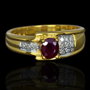 9K Yellow Gold Natural 0.40 Carat Deep Red Ruby Diamond Ladies Cocktail Ring