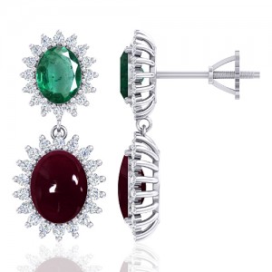14K White Gold 5.5 Ruby cts 1.94 Emerald Stone Diamond Women Earrings