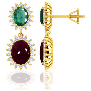 18K Yellow Gold 5.5 Ruby cts 1.94 Emerald Stone Diamond Women Earrings