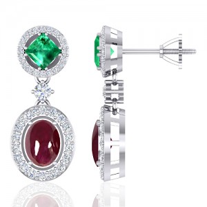 14K White Gold 4.07 cts Ruby 1.05 cts Emerald Gemstone Diamond Designer Fine Jewelry Earrings
