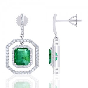 14K White Gold 4.64 cts Emerald Gemstone Diamond Designer Fine Jewelry Women Earrings
