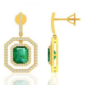 18K Yellow Gold 4.64 cts Emerald Gemstone Diamond Designer Fine Jewelry Women Earrings