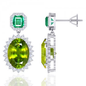 14K White Gold 13.64 cts Sphene 1.91 cts Emerald Stone Diamond Designer Women Earrings