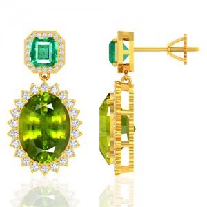 18K Yellow Gold 13.64 cts Sphene 1.91 cts Emerald Stone Diamond Designer Women Earrings