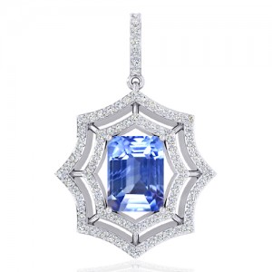 14K White Gold 4.12 cts Blue Sapphire Gemstone Diamond Designer Fine Jewelry Pendant