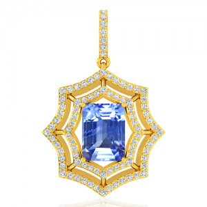 18k Yellow Gold 4.12 cts Blue Sapphire Gemstone Diamond Designer Fine Jewelry Pendant