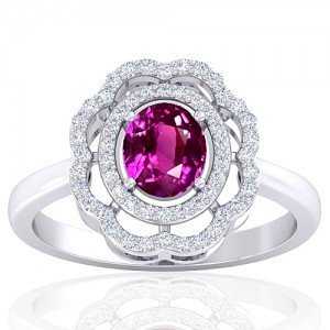 14K White Gold Pink Sapphire Gemstone Diamond Cocktail Vintage Engagement Ring