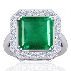 14K White Gold 6.64 cts Emerald Gemstone Diamond Cocktail Vintage Engagement Women Ring