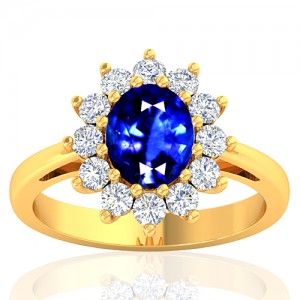 18K Yellow Gold 1.62 cts Blue Sapphire Stone Diamond Cocktail Engagement Women Jewelry Ring