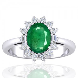 14K White Gold 1.82 cts Emerald Gemstone Diamond Cocktail Vintage Ring