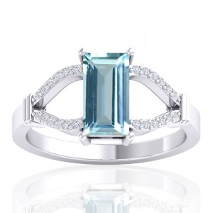 14K White Gold 1.19 cts Aquamarine Stone Diamond Wedding Fine Jewelry Ring