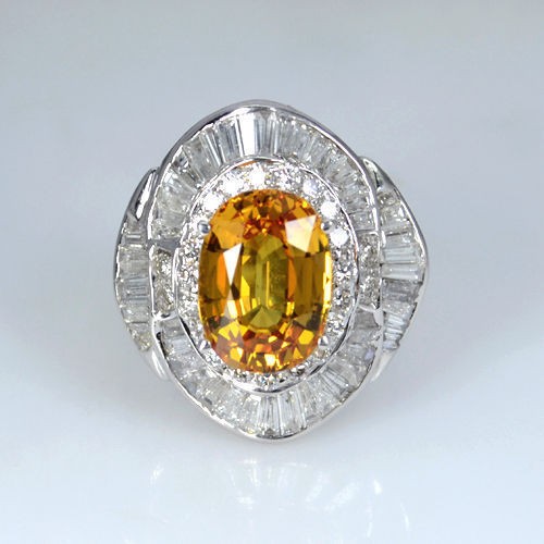 18k Pure White Gold Natural Top Yellow Sapphire Diamond Ladies Cocktail Ring