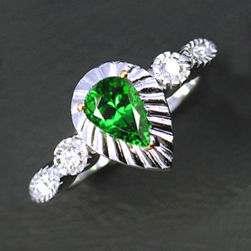 14k Pure White Gold Natural 1.16 cts Tsavorite Garnet + Diamond Designer Ring