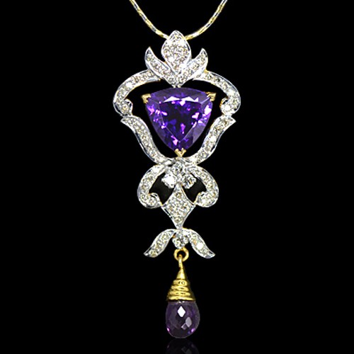 18k Pure yellow Gold Natural Top Amethyst Diamond Ladies Pendant With Chain