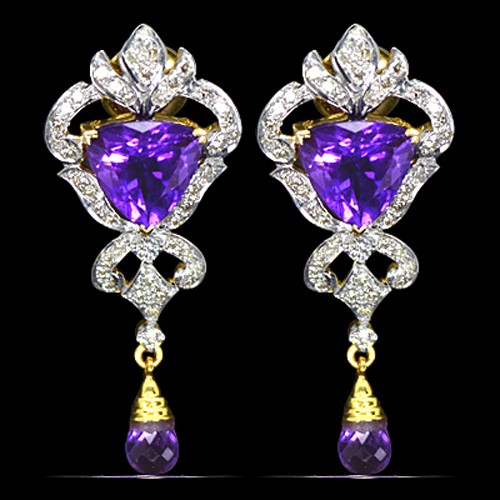 18k Pure Yellow Gold Natural Top Amethyst Diamond Ladies Fine Designer Earrings