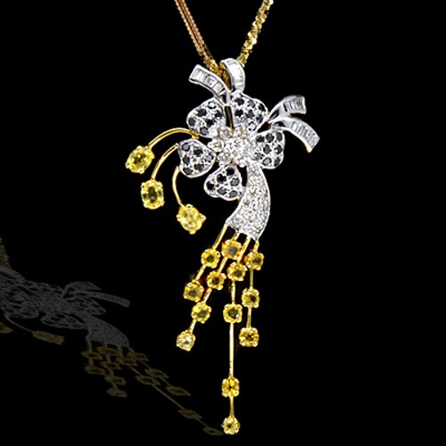 18K Pure Gold Natural Yellow Sapphire Diamond Ladies Pendant With Chain