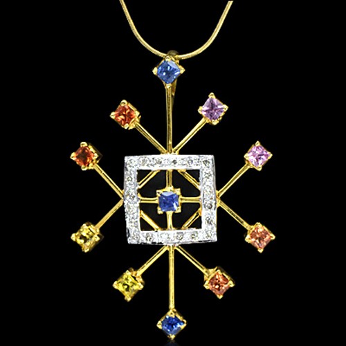 18K Pure Gold Natural Multicolor Sapphire Diamond Ladies Pendant With Chain