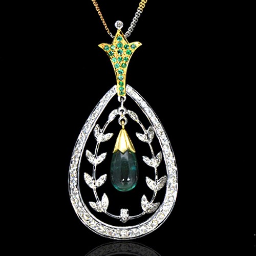 14K Pure Gold Natural Green Emerald Diamond Ladies Pendant With Chain