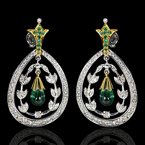 14K Pure Gold Natural Top Green Emerald Diamond Ladies Earrings