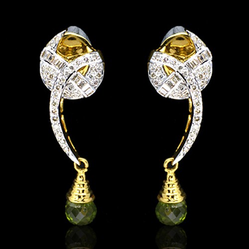18K Pure Gold Natural Top Green Peridot Diamond Ladies Earrings