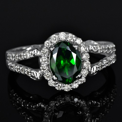 14k W Gold Natural 1.08 Carat Top Green Tsavorite Garnet Diamond Fine Designer Ring