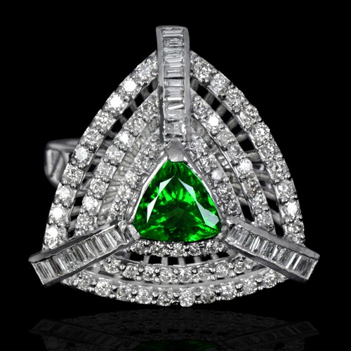 14k Pure White Gold Natural 1.35 Carat Tsavorite Garnet Diamond Vintage Designer Ring