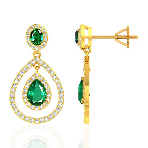 18K Yellow Gold 1.95 cts Emerald Gemstone Diamond Designer Fine Jewelry Women Earrings