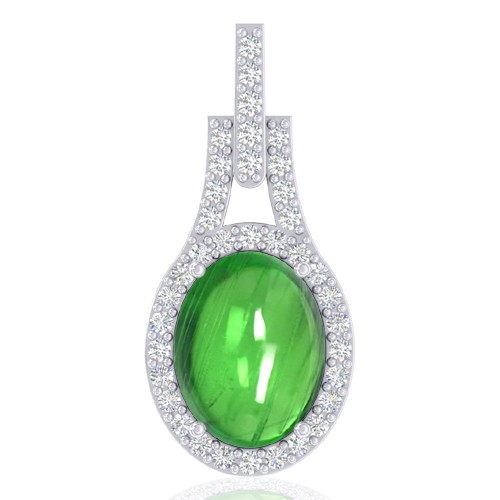 14K White Gold 2.51 cts Oval Cab Tsavorite Gemstone Diamond Designer Fine Pendant