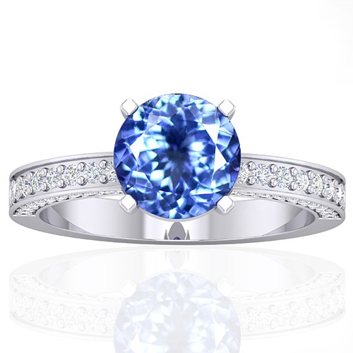 14k White Gold 1.93 cts Round Tanzanite Diamond Wedding Designer Fine Jewelry Ring