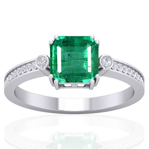 14k White Gold 1.6 cts Emerald Gemstone Diamond Cocktail Vintage Engagement Ring