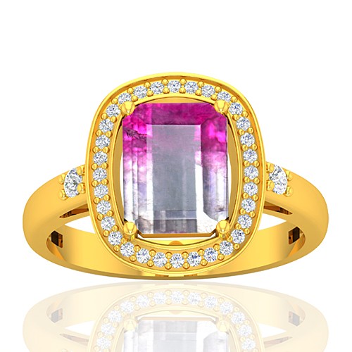 18K Yellow Gold 2.13 cts Emerald Cut 9 x 7 mm Tourmaline Gemstone Diamond Cocktail Ring