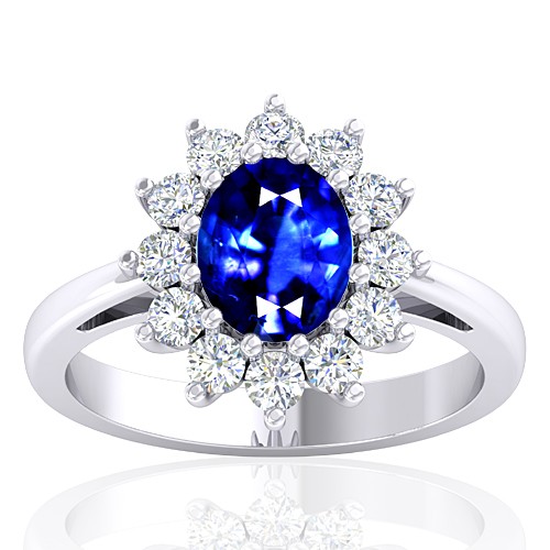 14K White Gold 1.62 cts Blue Sapphire Stone Diamond Cocktail Engagement Women Jewelry Ring
