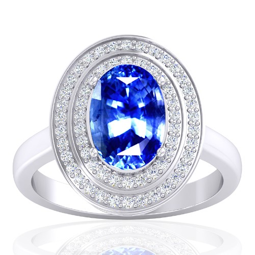 14K White Gold 4.04 Cts Blue Sapphire Gemstone Diamond Wedding Designer Jewelry Ring