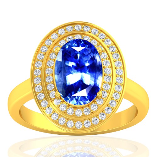 18k Yellow Gold 4.04 Cts Blue Sapphire Gemstone Diamond Wedding Designer Jewelry Ring