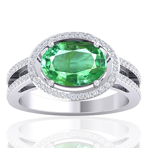 14K White Gold 2.25 cts Emerald Gemstone Diamond Women Designer Fine Jewelry Ring