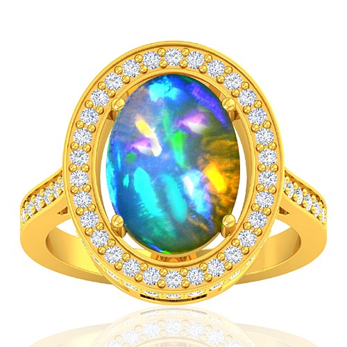 18K Yellow Gold 3.47 cts Ethiopian Opal Stone Diamond Cocktail Women Fine Jewelry Ring